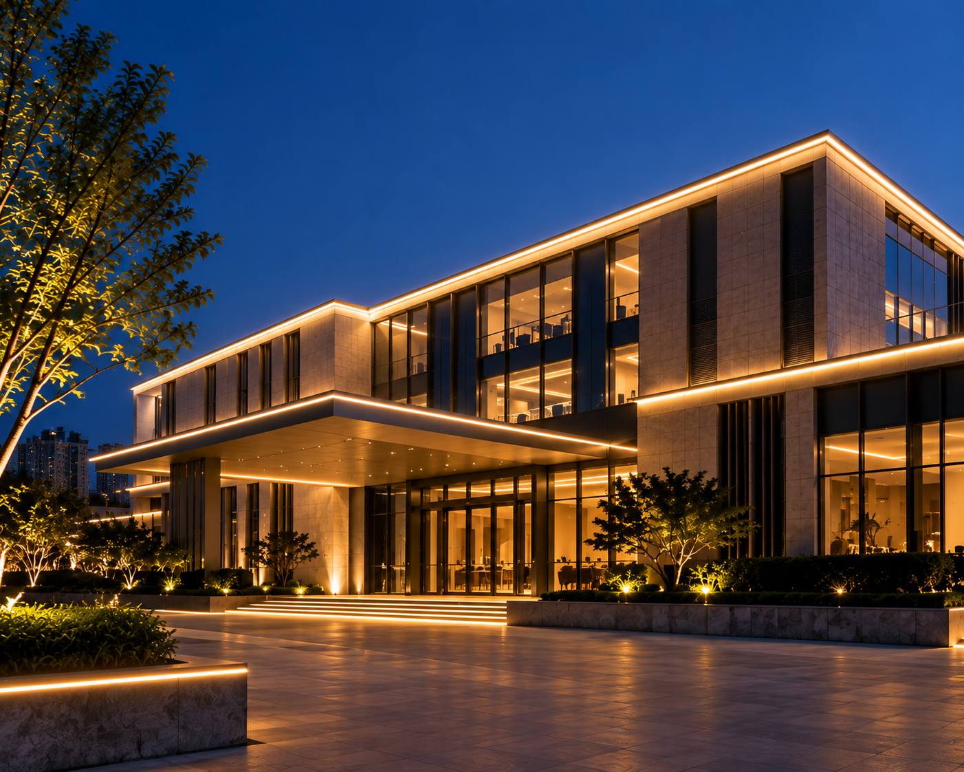 Application illustration — Architectural contour lighting application with continuous linear illumination defining the building structure.