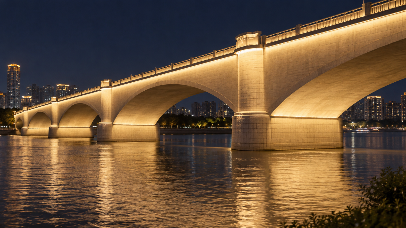 Application illustration — continuous warm-white wall washing across bridge surfaces.