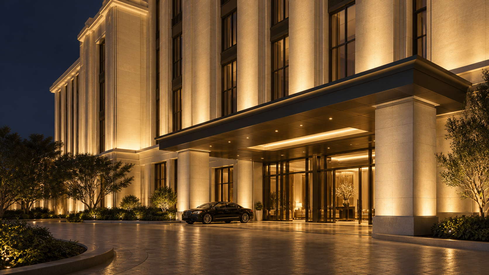 Application illustration — continuous warm-white wall washing across a hotel facade.
