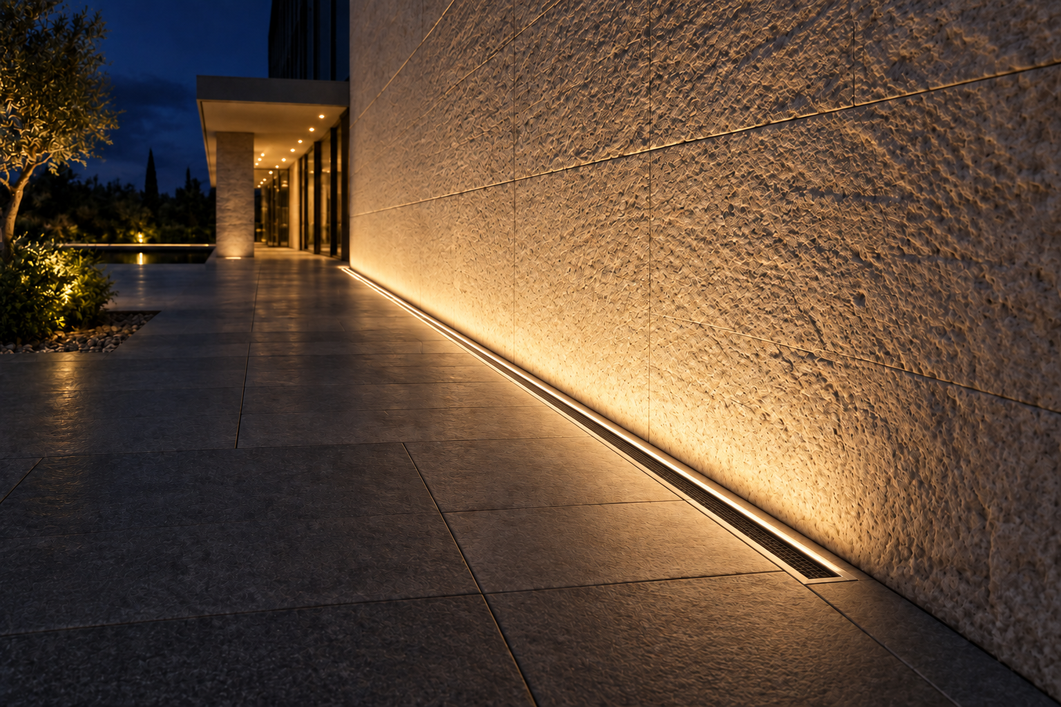 Linear in-ground light application scene with continuous light
