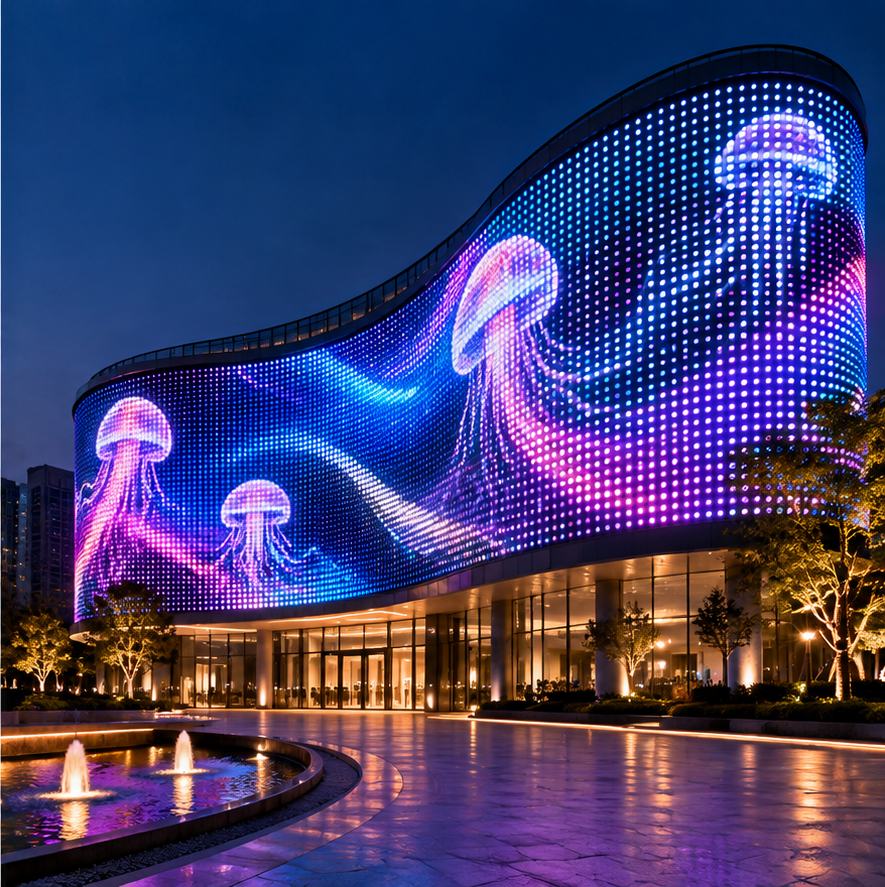 Curved media facade application using distributed RGB pixel lights to follow the building geometry and create dynamic visual effects.
