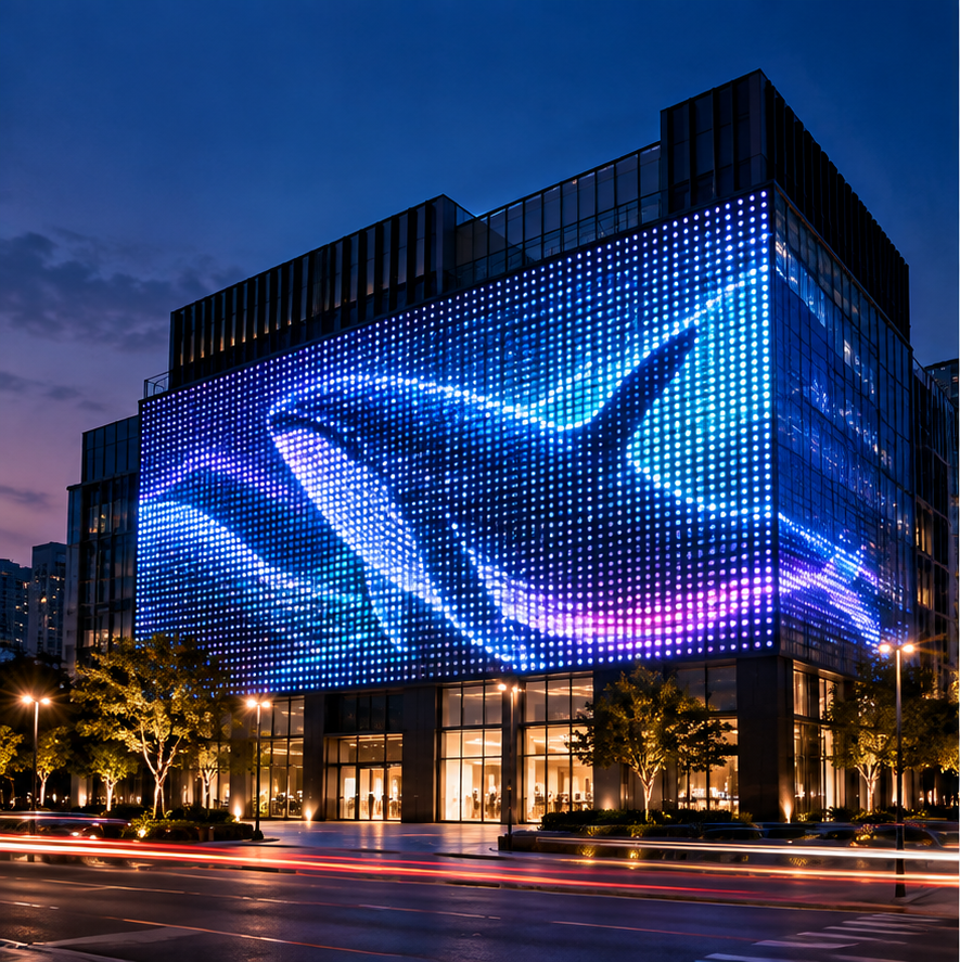 Flat media facade application using distributed RGB pixel lights to create dynamic architectural visual content.