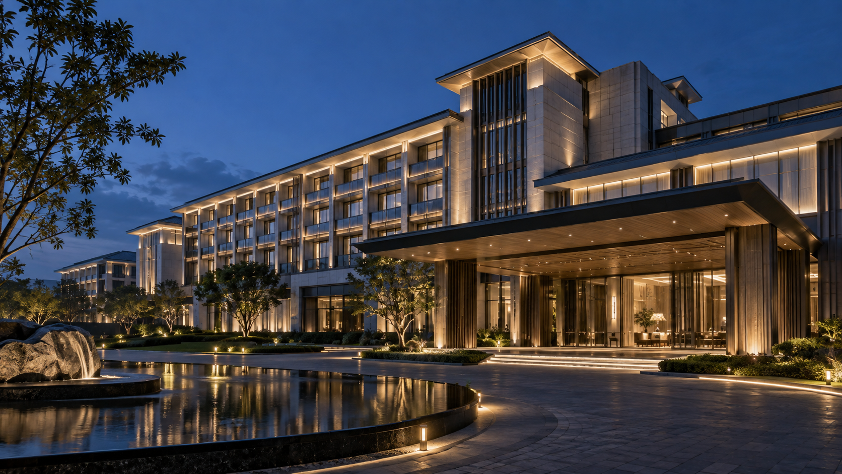 Hotel façade lighting concept (AI-generated)