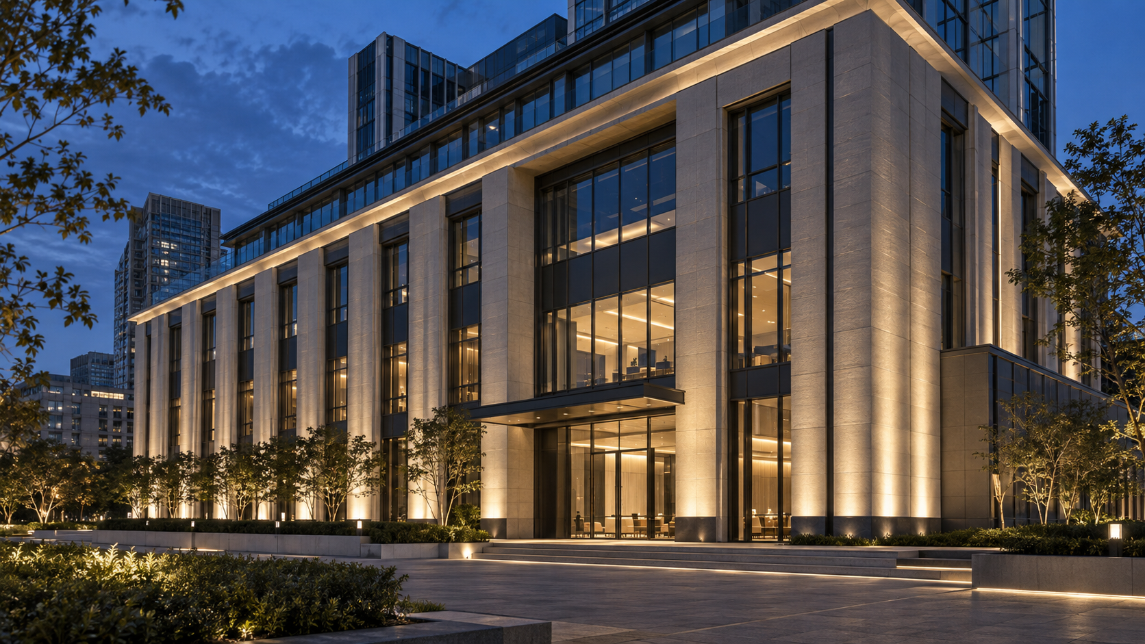 Office façade lighting concept (AI-generated)
