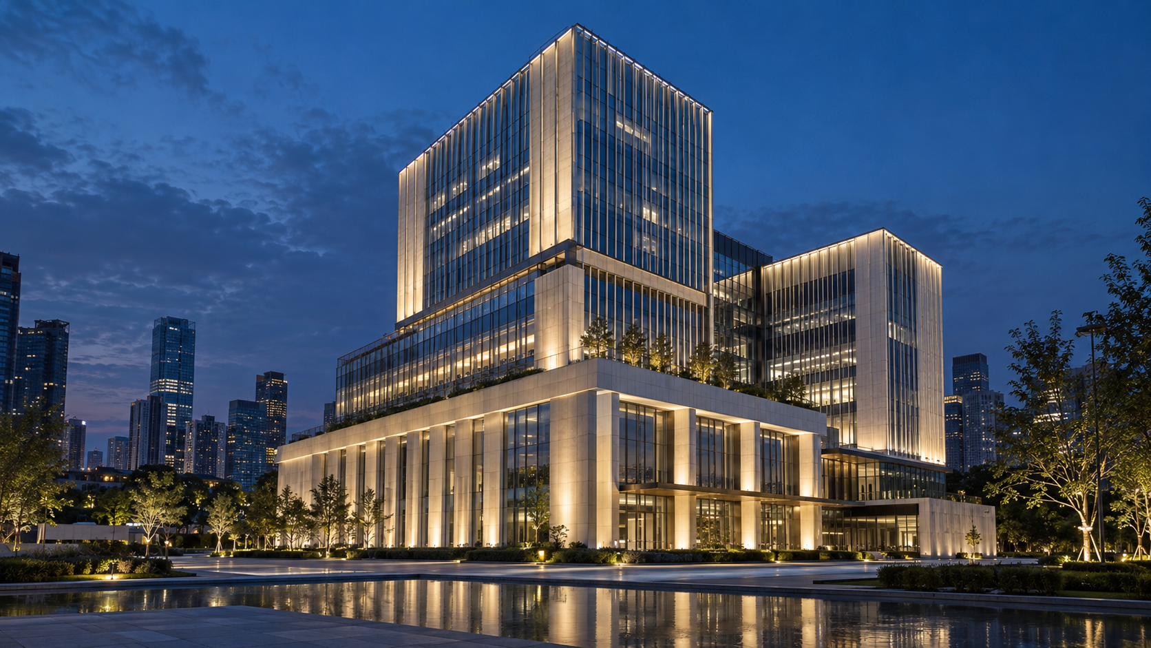 Office façade lighting concept (AI-generated)