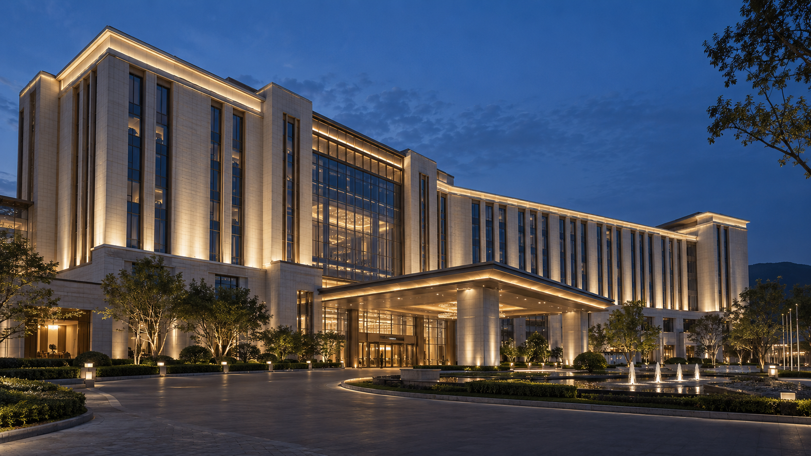 Hotel façade lighting concept (AI-generated)