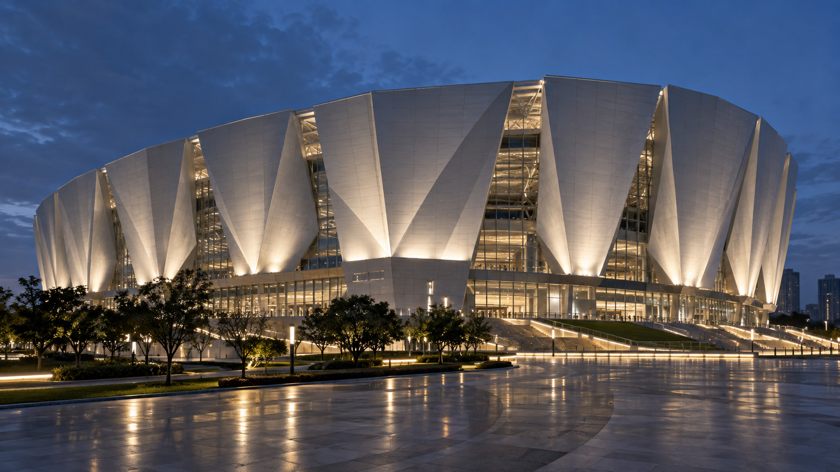 Sports venue façade lighting concept (AI-generated)