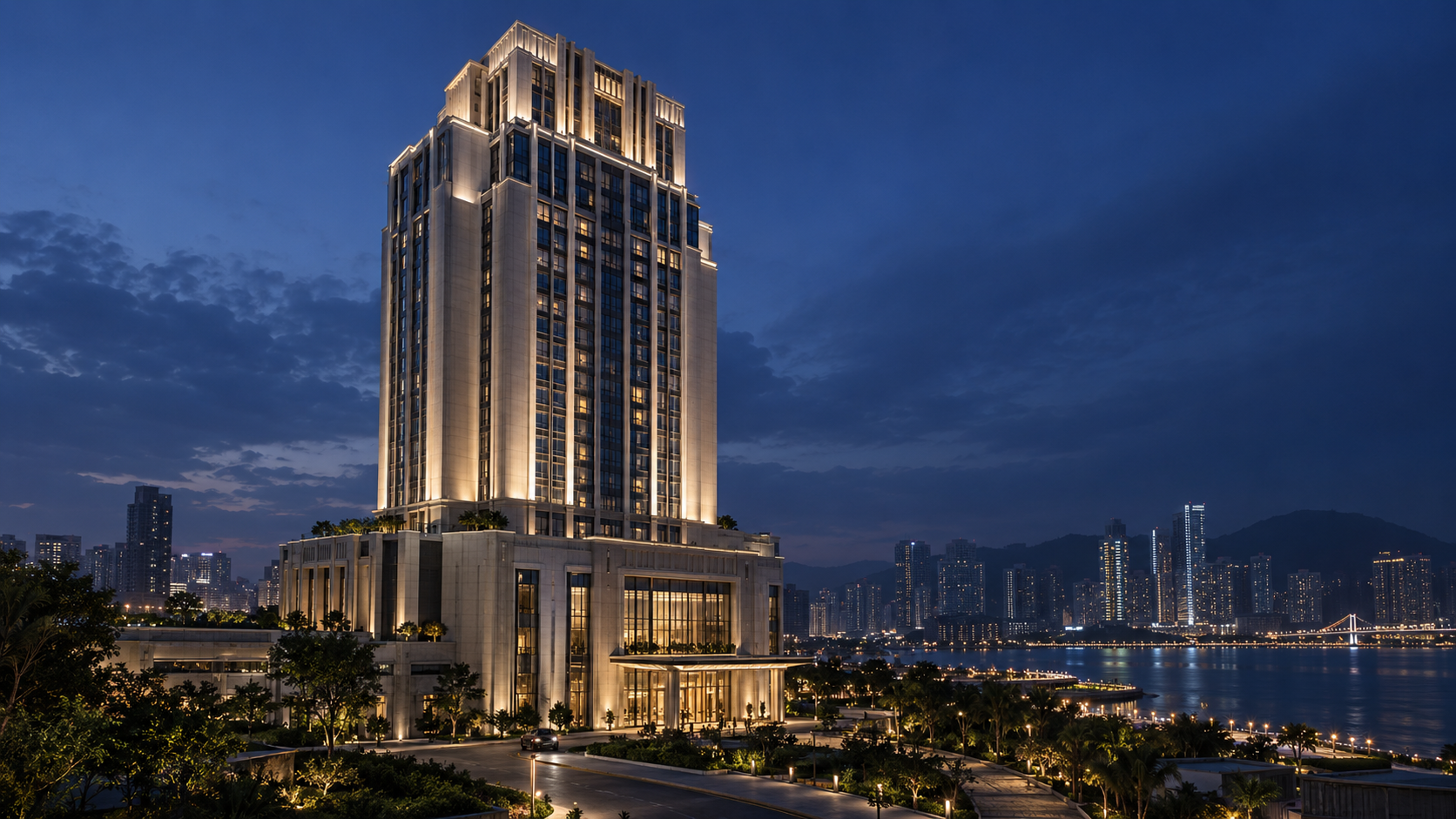 Hotel façade lighting concept (AI-generated)