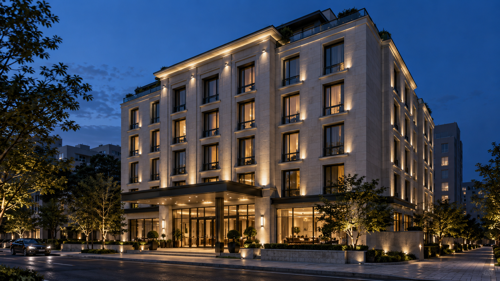 Hotel façade lighting concept (AI-generated)