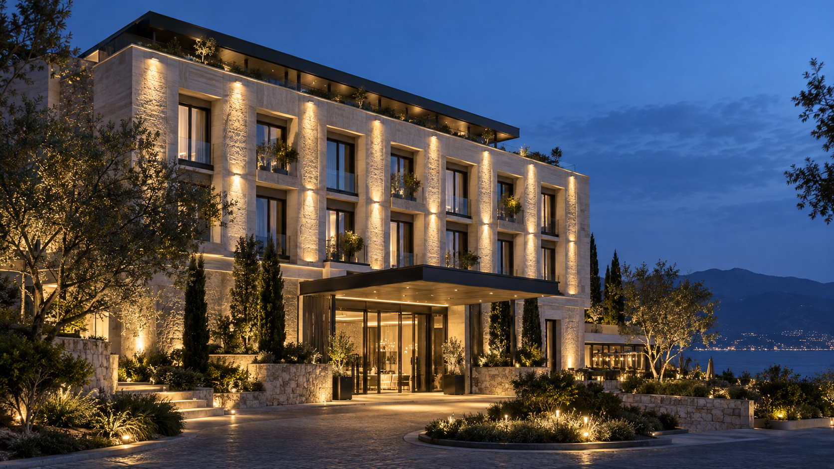 Hotel façade lighting concept (AI-generated)