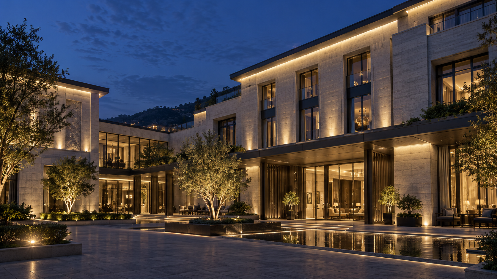 Hotel façade lighting concept (AI-generated)
