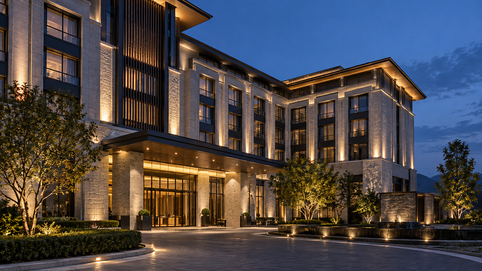 Hotel façade lighting concept (AI-generated)
