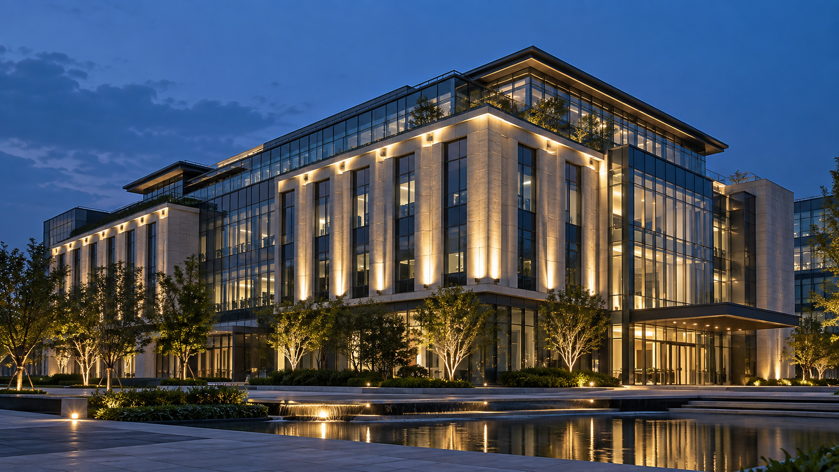 Office façade lighting concept (AI-generated)