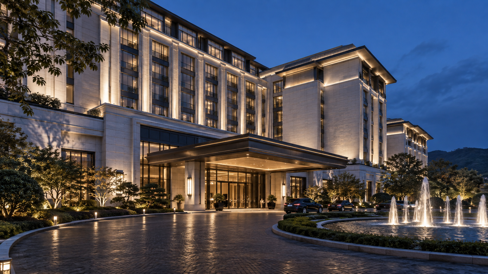 Hotel façade lighting concept (AI-generated)
