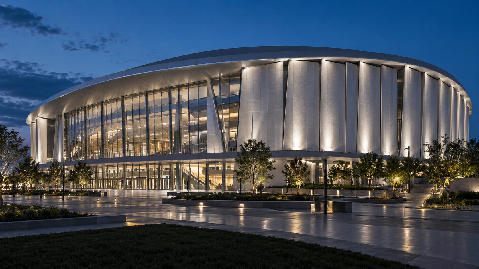Sports venue façade lighting concept (AI-generated)