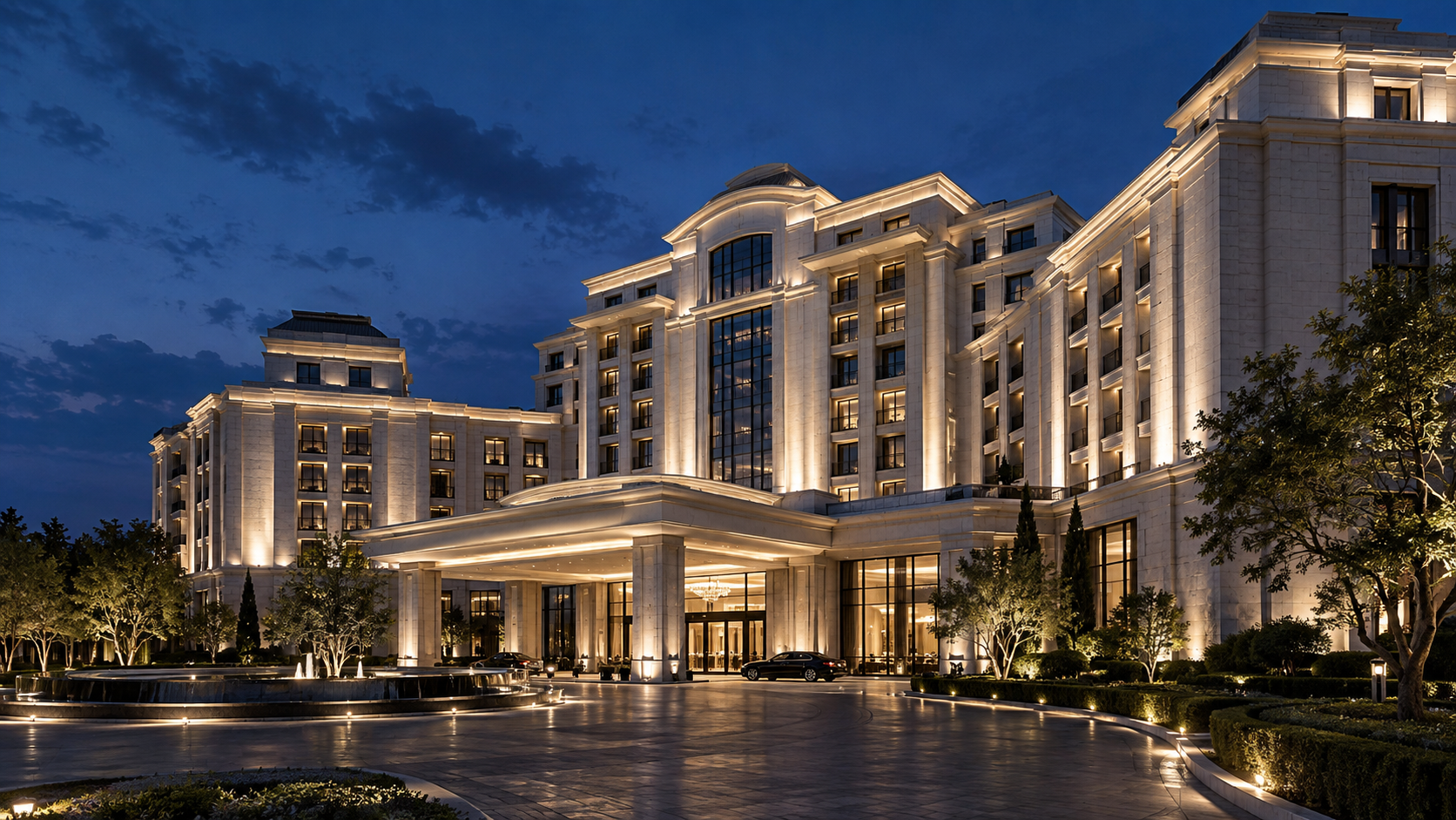 Hotel façade lighting concept (AI-generated)