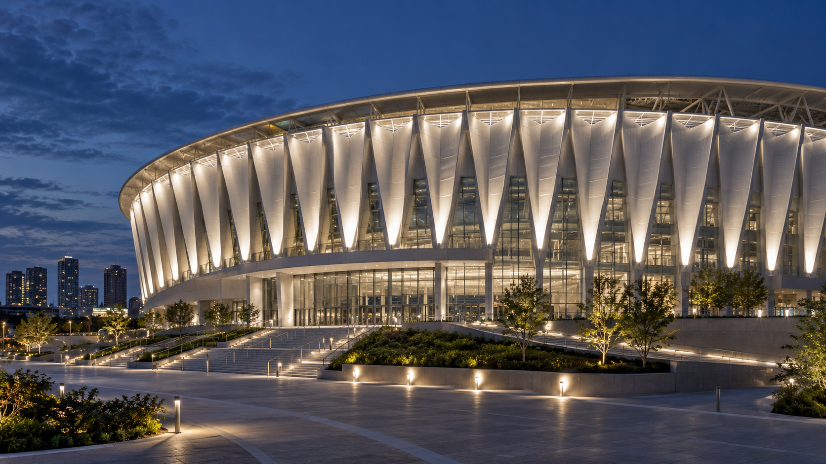 Sports venue façade lighting concept (AI-generated)