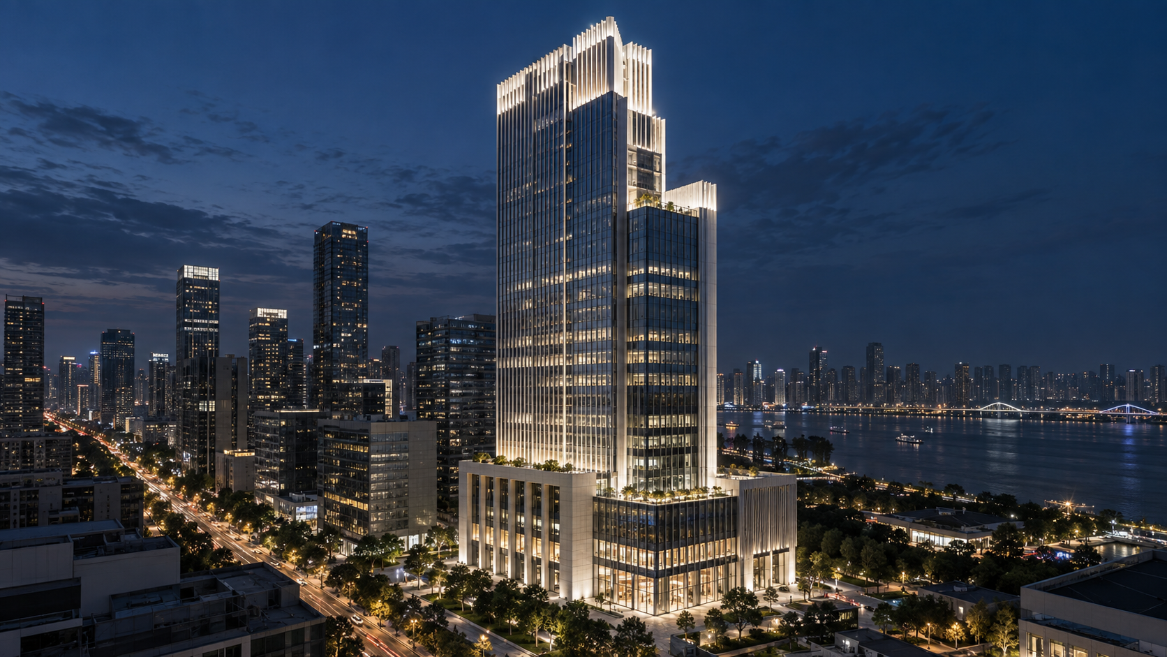 Office façade lighting concept (AI-generated)