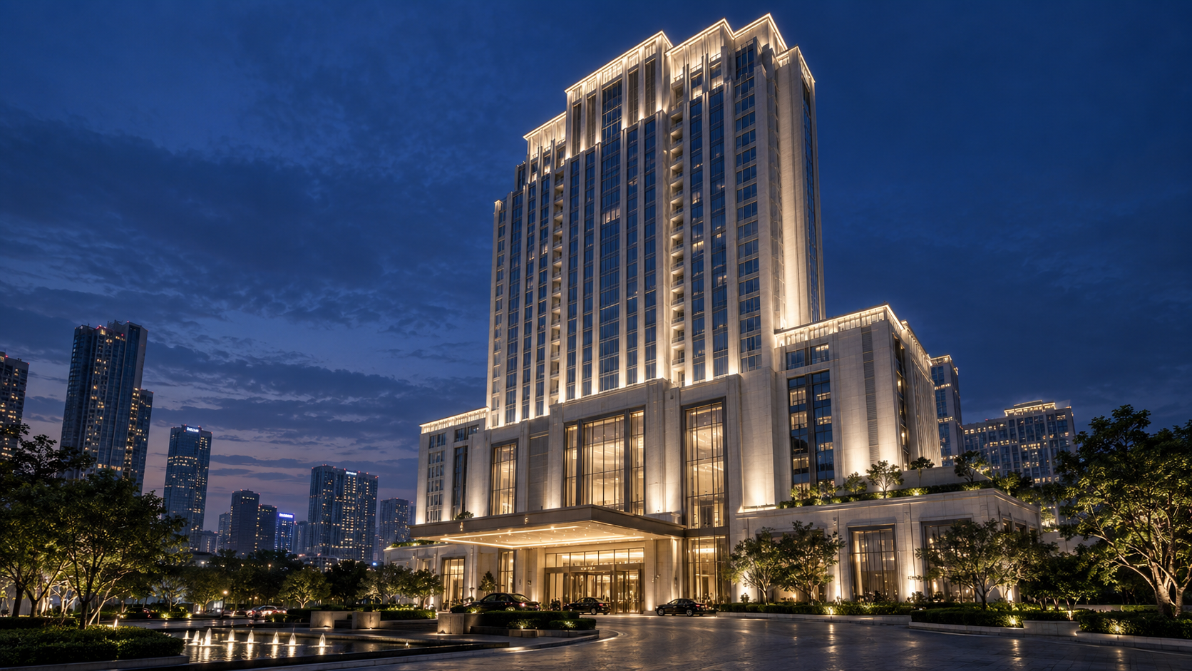 Hotel façade lighting concept (AI-generated)