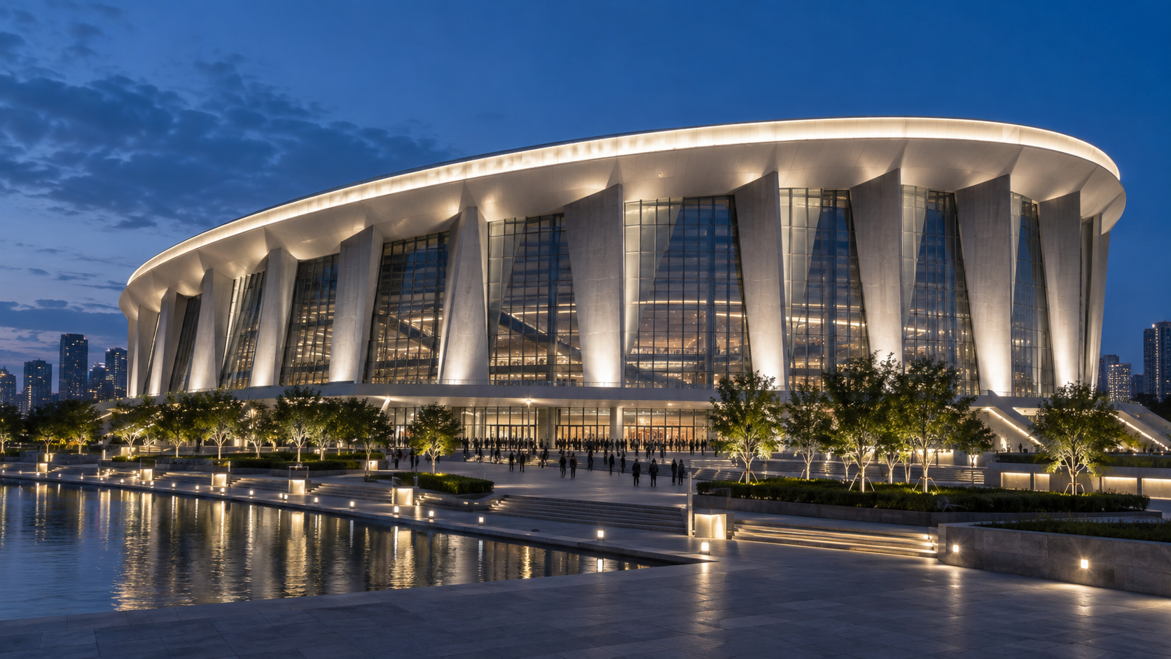 Sports venue façade lighting concept (AI-generated)