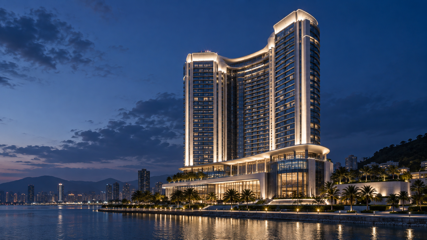 Hotel façade lighting concept (AI-generated)