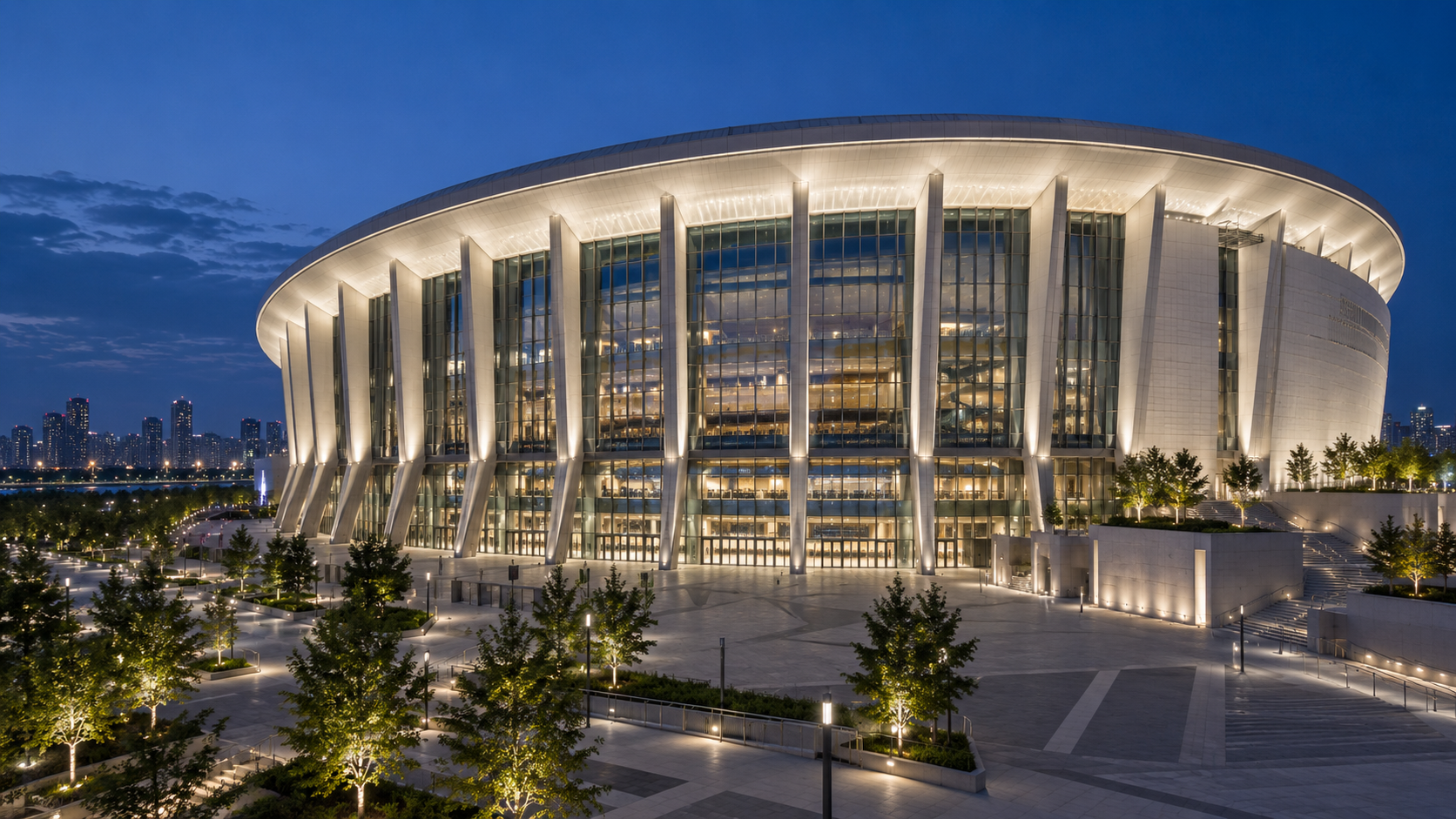 Sports venue façade lighting concept (AI-generated)
