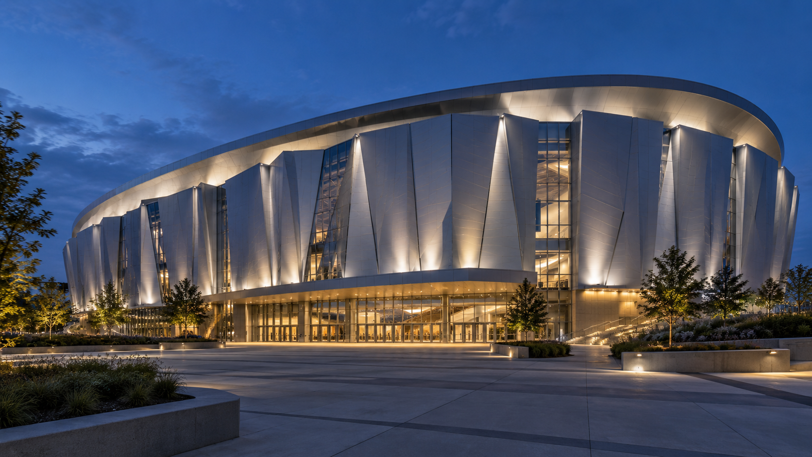 Sports venue façade lighting concept (AI-generated)