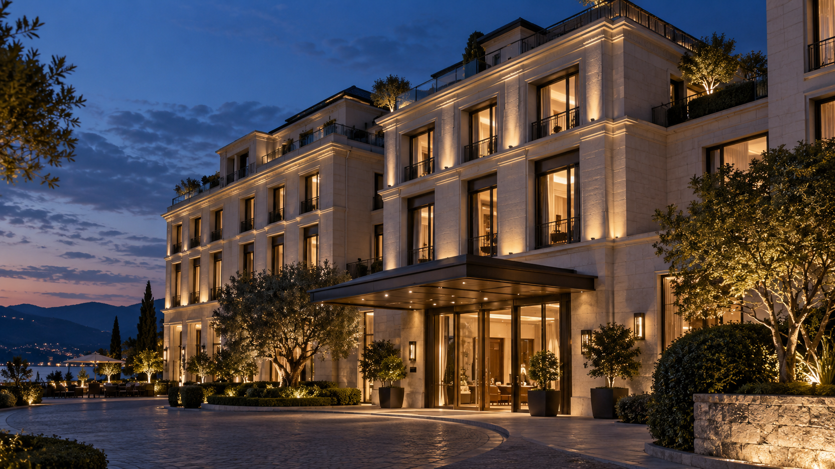 Hotel façade lighting concept (AI-generated)