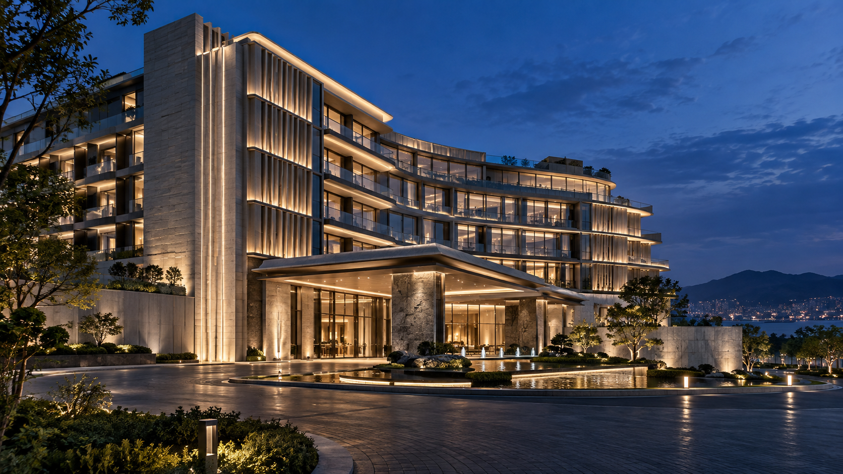 Hotel façade lighting concept (AI-generated)