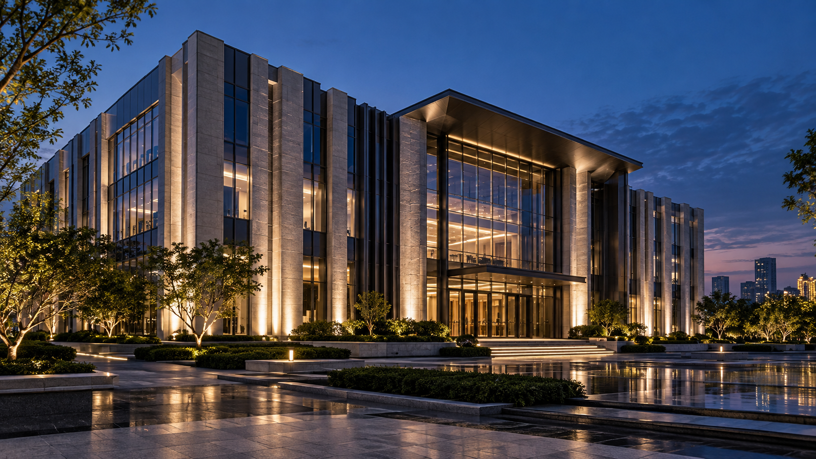 Office façade lighting concept (AI-generated)