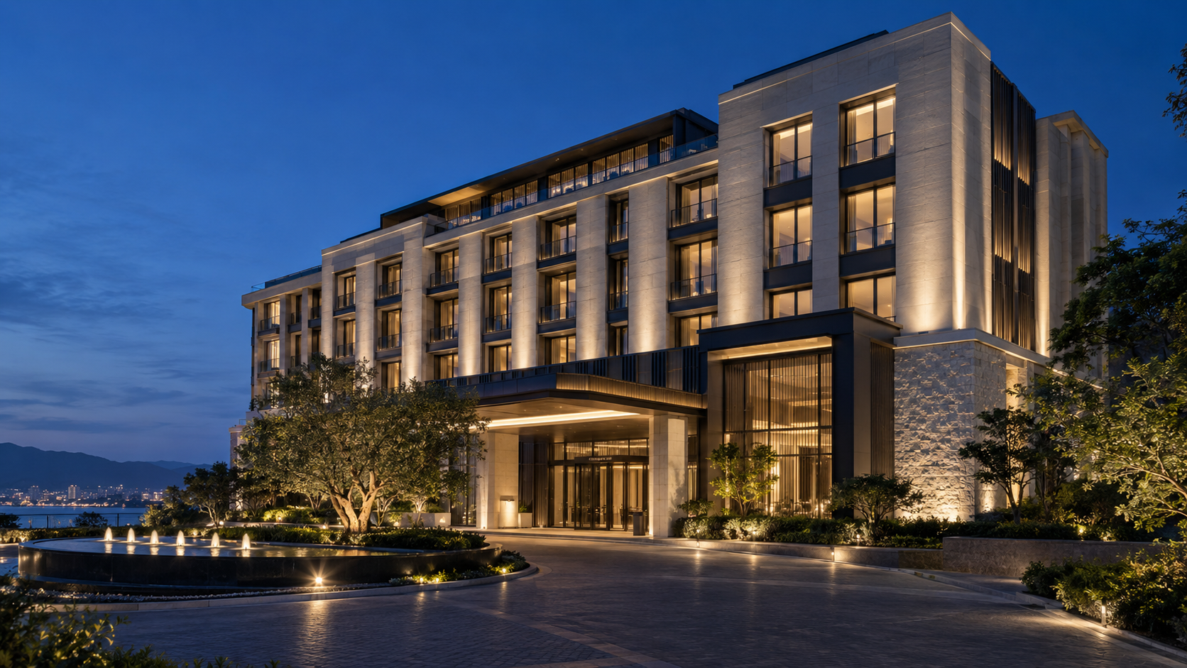 Hotel façade lighting concept (AI-generated)