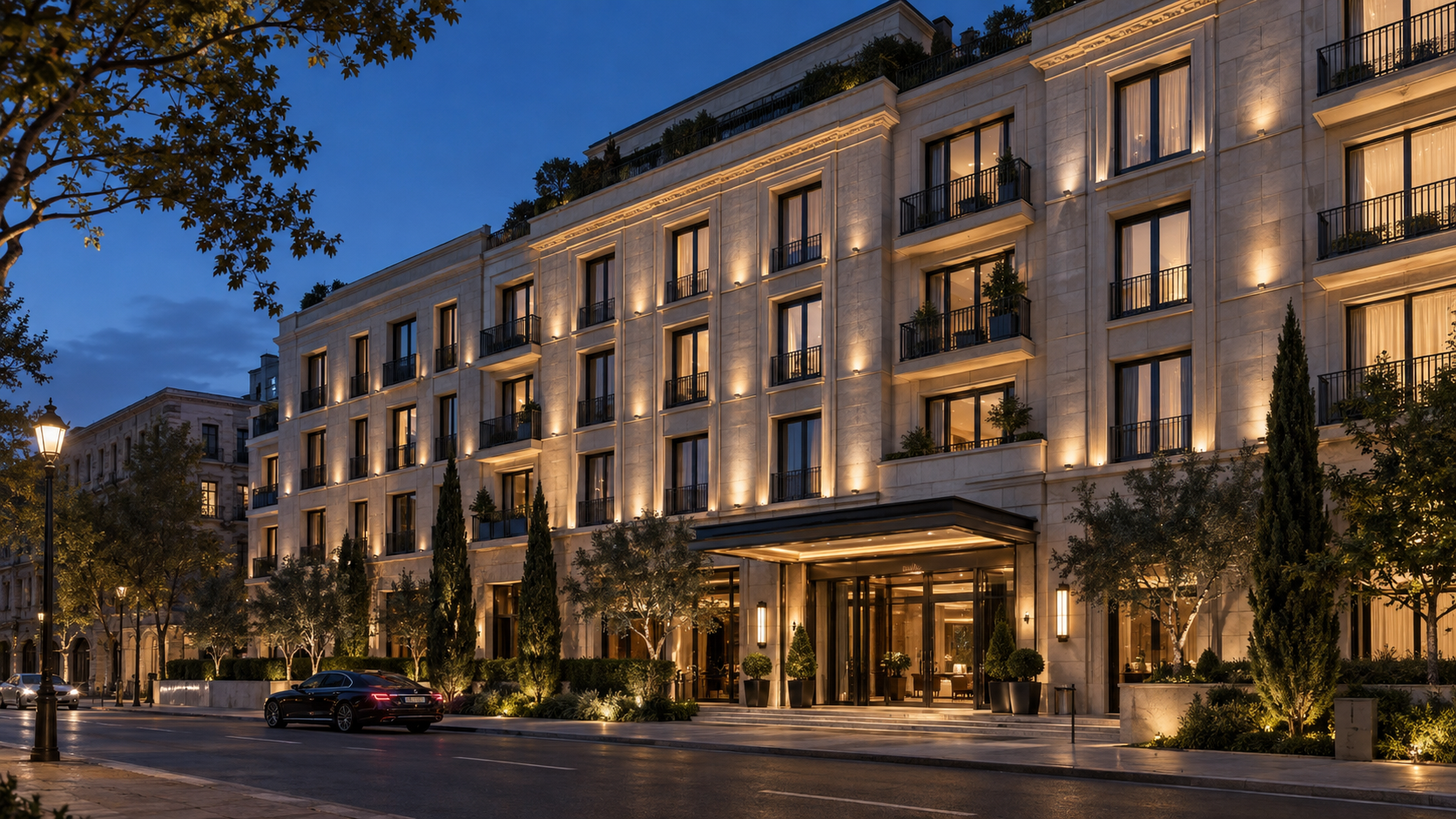 Hotel façade lighting concept (AI-generated)