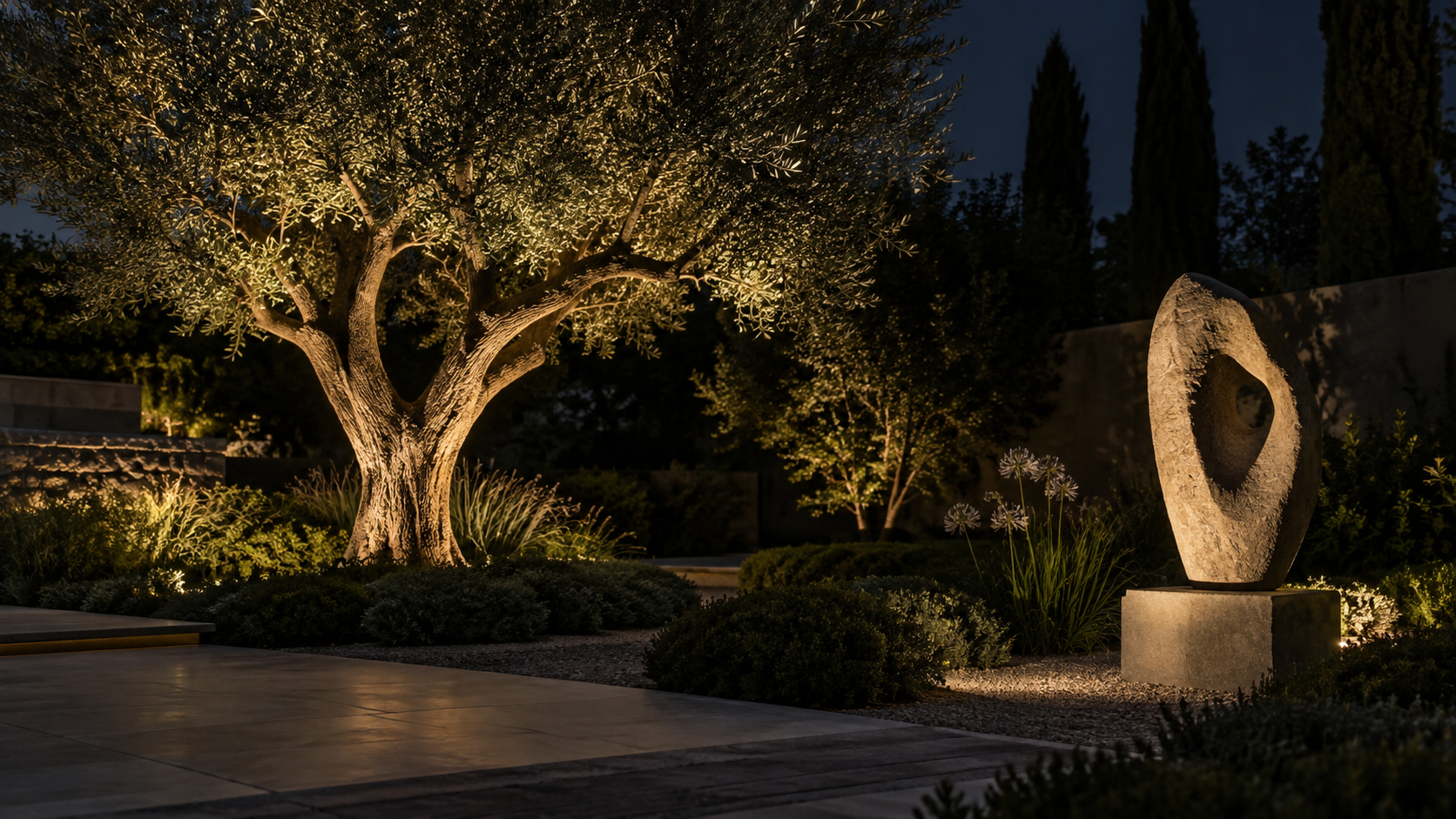 Application illustration — focused lighting for landscape trees and sculpture.