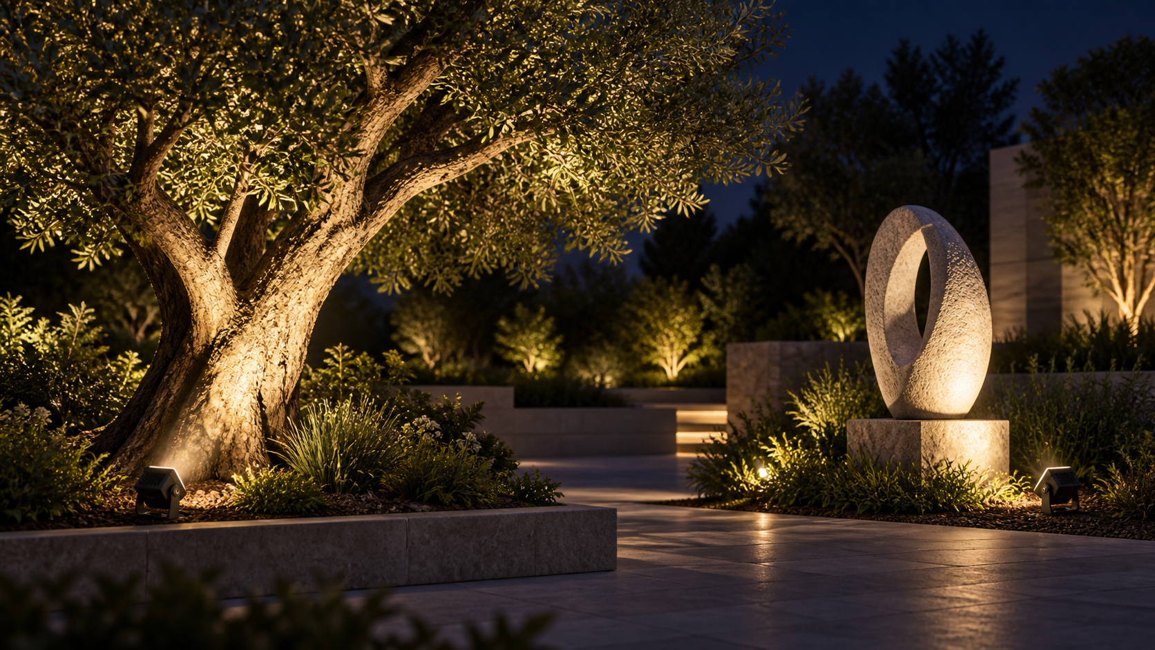 Application illustration — focused lighting for landscape trees and sculpture.