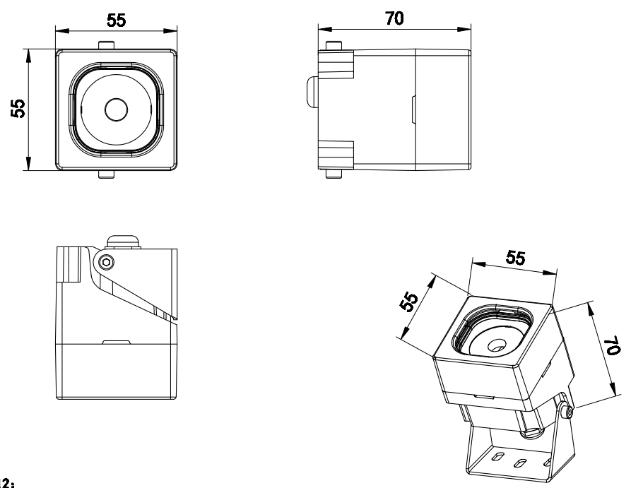 B50F housing dimensions — 55 × 55 × 70 mm.