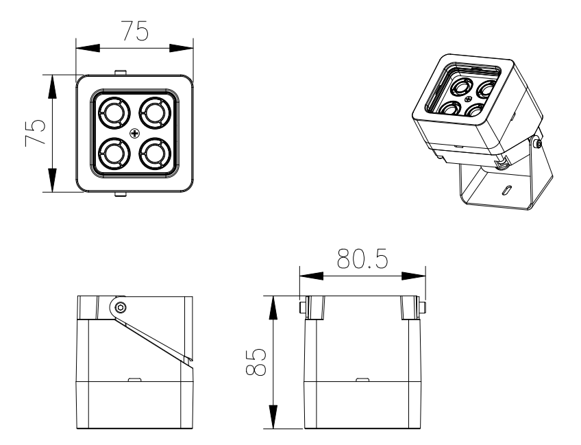 B75F housing dimensions — 75 × 75 × 85 mm.