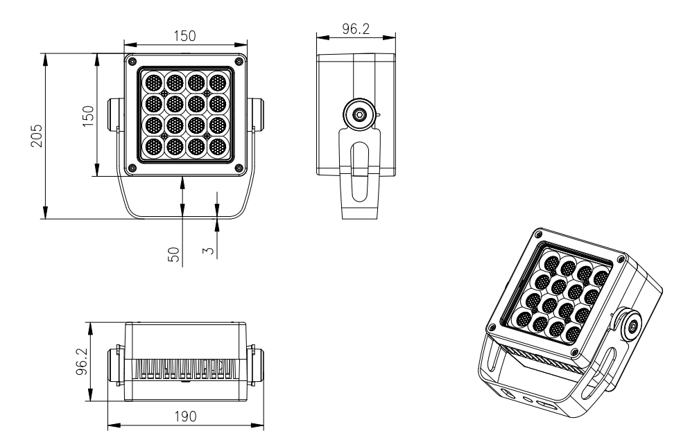 Yuheng T150F housing dimensions — 150 × 150 × 205 mm; housing depth 96.2 mm.