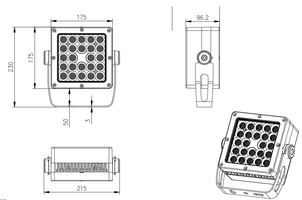Yuheng T180F housing dimensions — 175 × 175 × 230 mm; housing depth 96.2 mm.