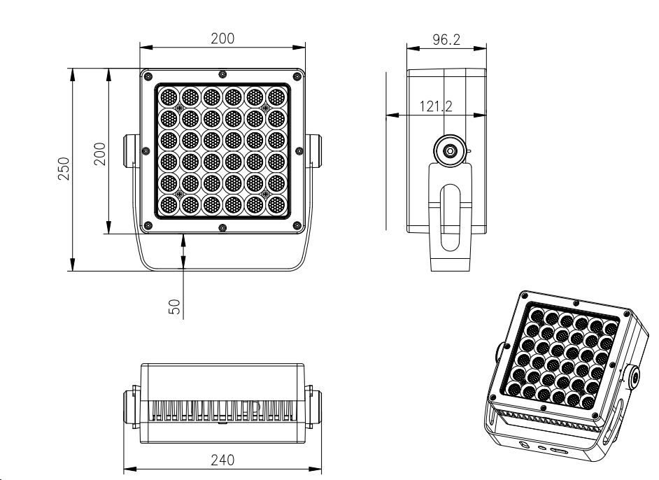 Yuheng T200F housing dimensions — 200 × 200 × 250 mm; drawing also shows 96.2 / 121.2 mm side depths.