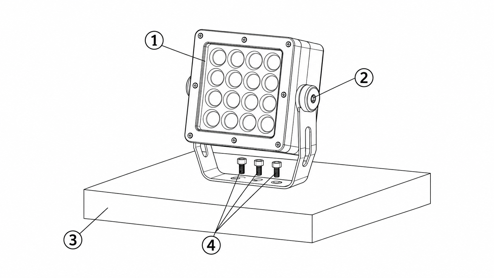 Installation diagram key: 1 Fixture · 2 Connecting screw · 3 Installation surface · 4 Fixture fixing screws.